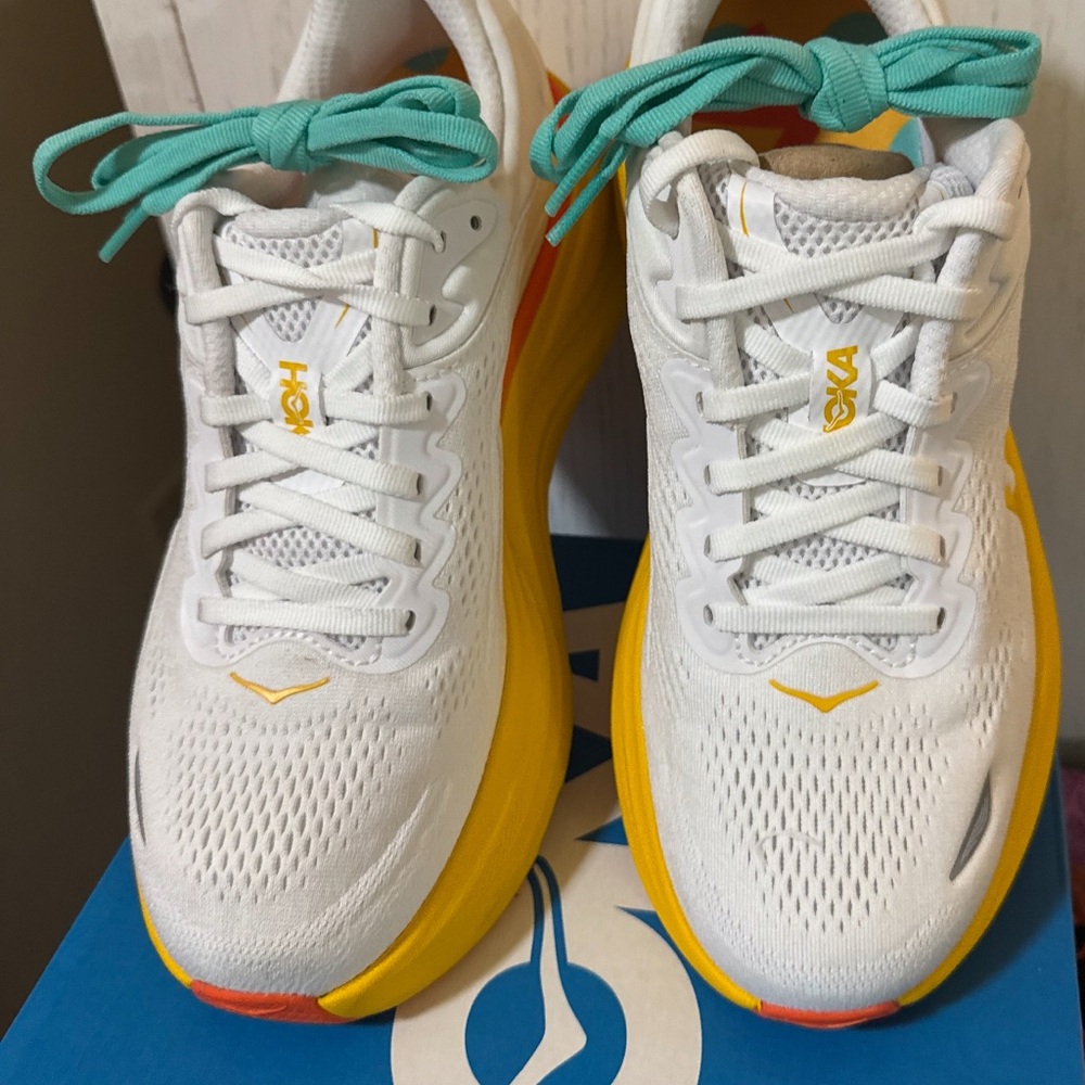 Hoka Bondi 9 White and Yellow Shoes